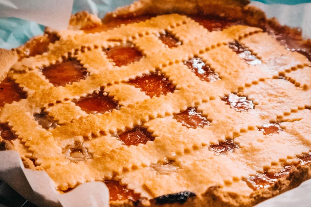 close up of a holiday pie with a decorative crust